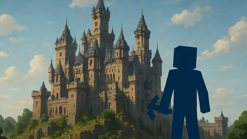 Впечатляющий замок, построенный игроком в игре Minecraft, с детальной архитектурой и башнями.