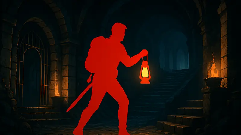 Игровой персонаж исследует тёмное фэнтезийное подземелье в roguelike игре.