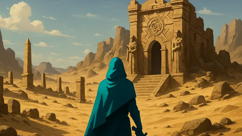 Кадр из игры Sunderfolk Sacred Sands, показывающий игрового персонажа в пустынном окружении.