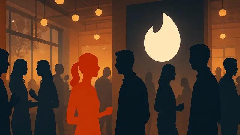 Пользователи Tinder на реальном мероприятии, рядом с логотипом сервиса