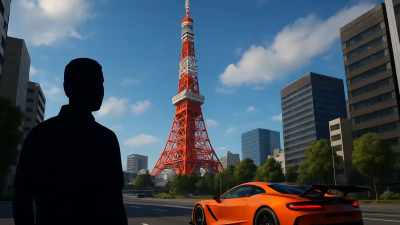 Скриншот Токийской башни в Forza Horizon 6, гоночная машина.