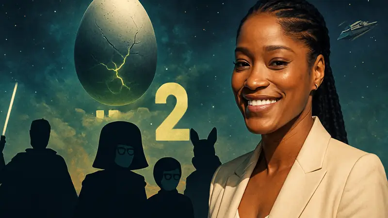 Кеке Палмер на фоне логотипа "Космические яйца 2", рядом с героями фильма Мела Брукса.