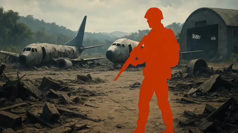 Кадр из Gray Zone Warfare: персонаж игрока среди обломков на аэродроме Фа Ланг во время выполнения квеста Skycrawlers.