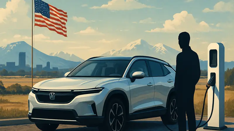 Электромобиль Honda Prologue, стоящий на зарядке, на фоне американского пейзажа