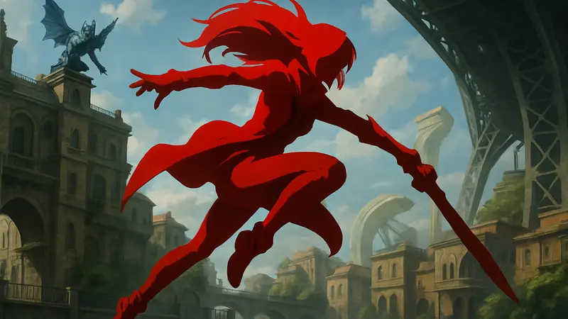 Героиня Mightreya в динамичной позе, смешивающей стили Devil May Cry и Gravity Rush.