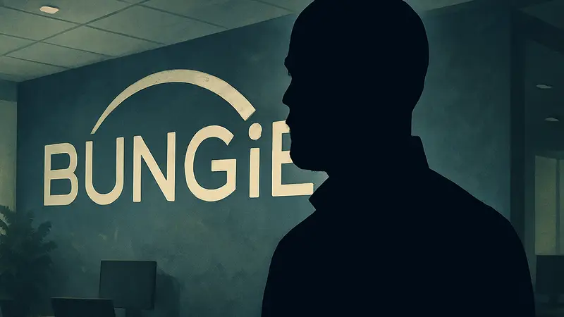 Портрет Джастина Трумэна, бывшего главы Bungie, на фоне логотипа студии