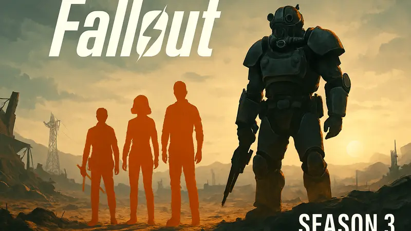 Постер сериала Fallout с главными героями на фоне Пустоши, анонс 3 сезона
