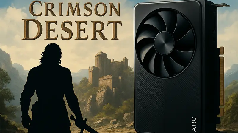 Видеокарта Intel Arc B-серии с логотипом Crimson Desert на фоне.