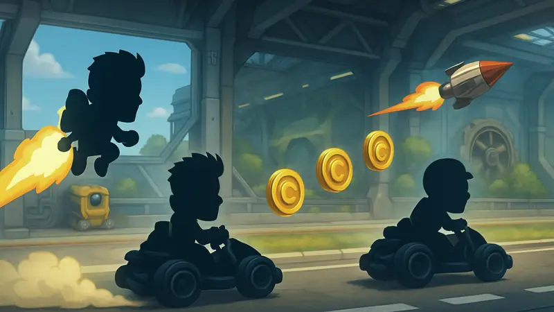 Геймплей Jetpack Joyride Racing с гонками на картах и персонажами из игры.