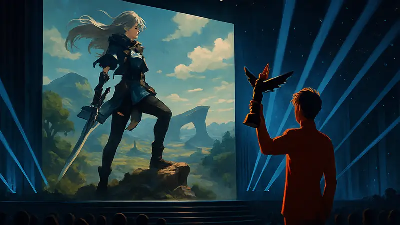 Красивая игровая графика Wuthering Waves на фоне сцены The Game Awards 2025 с наградой