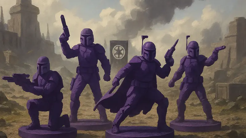 Фигурки мандалорских воинов из настольной игры Star Wars: Legion, готовые к сражению на поле боя.