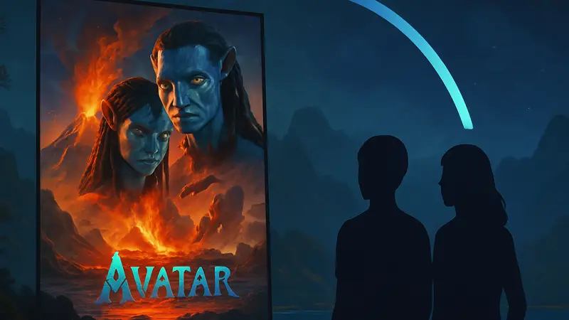 Постер фильма Аватар: Огонь и Пепел на фоне логотипа Disney Plus