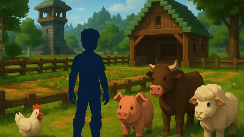Игровой скриншот из Hytale: игрок с прирученными животными на своей ферме. Гайд по тамингу.