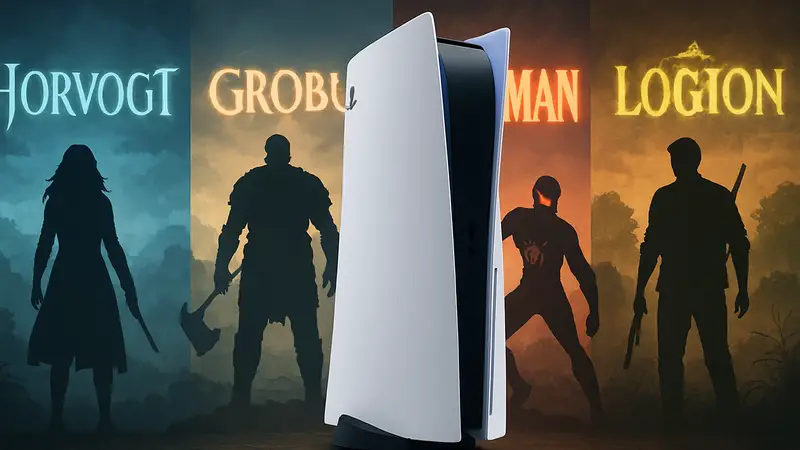 Консоль PlayStation 5 на фоне логотипов будущих эксклюзивных игр, демонстрирующая разнообразие жанров и ожиданий.