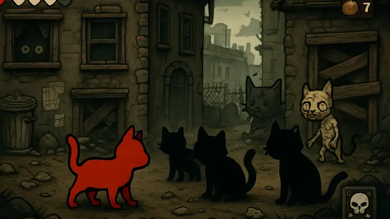 Игровой скриншот Mewgenics с кошачьими персонажами и элементами roguelike-механики, отражающими тему бездомных кошек.
