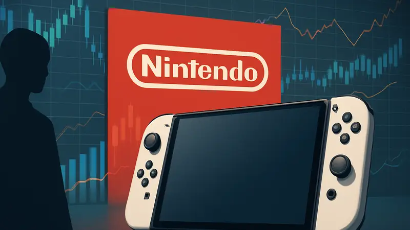 Изображение потенциальной консоли Nintendo Switch 2 OLED на фоне логотипа Nintendo и финансовых графиков.