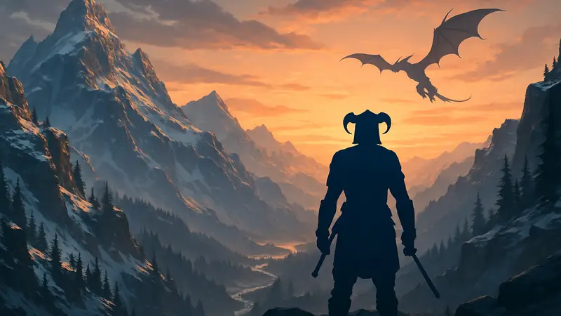 Вид на заснеженные горы Skyrim с драконом на фоне заката, символизирующий исследование открытого мира.