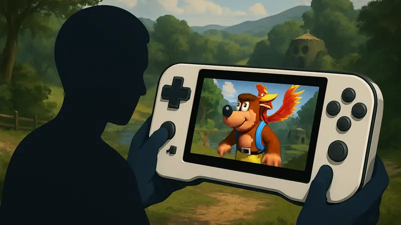 Портативная ретро-игровая консоль Evercade Nexus с играми Banjo-Kazooie на экране.