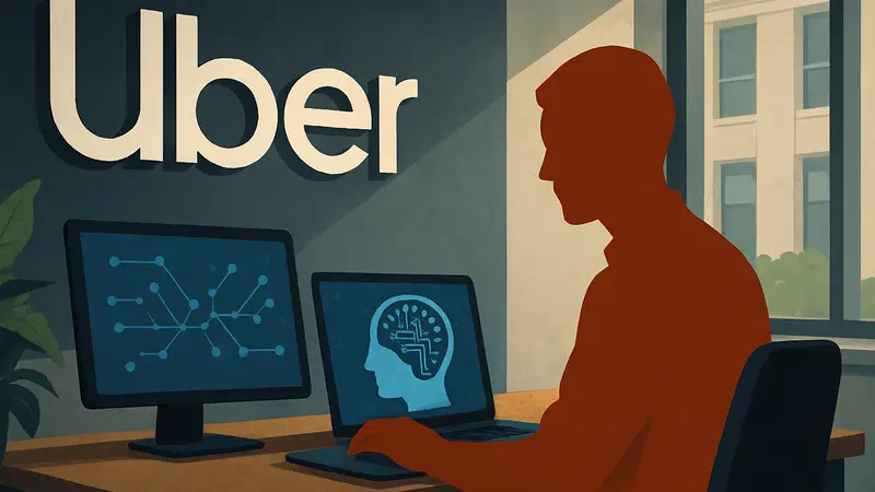 Сотрудник Uber использует ИИ-инструменты для работы, фон – логотип компании