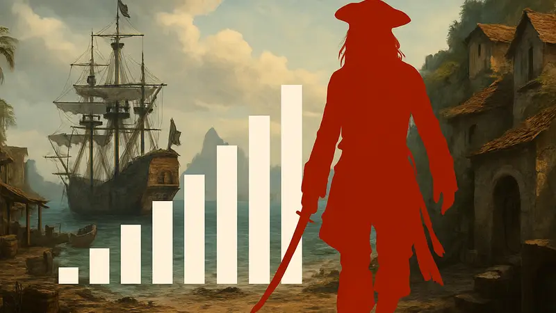 Кадр из фильма "Пираты Карибского моря" с Джеком Воробьем, символизирующий рейтинг кинофраншизы.