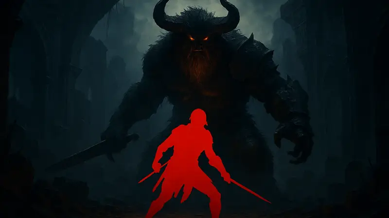 Персонаж Crimson Desert сражается с огромным боссом Людвигом в тёмной локации.