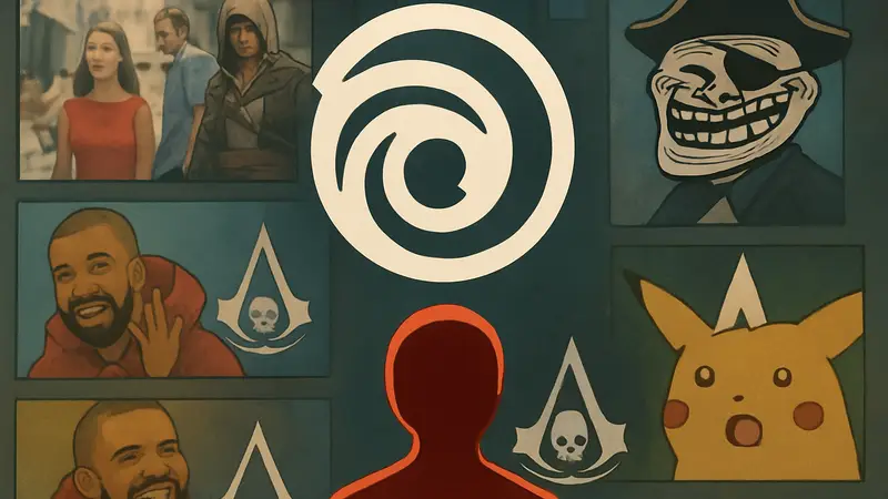 Логотип Ubisoft на фоне мемов, связанных с утечками ремейка Assassin's Creed Black Flag