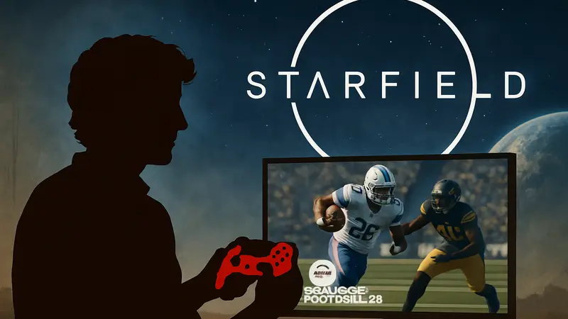 Тодд Говард с контроллером, играющий в EA College Football 26, на фоне логотипа Starfield