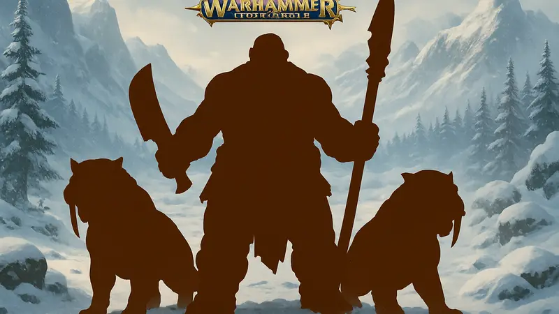 Warhammer Age of Sigmar: миниатюры огоров-охотников и саблезубов на фоне снежного пейзажа