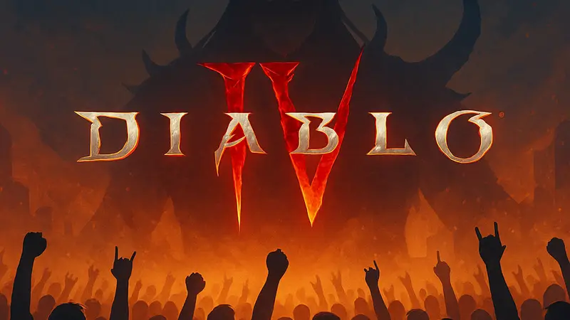 Логотип Diablo 4 на фоне толпы фанатов, символизирующий рекордные продажи и популярность игры Blizzard.