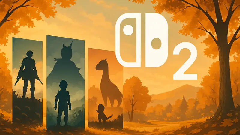 Логотип Nintendo Switch 2 на фоне осеннего пейзажа и обложек игр.