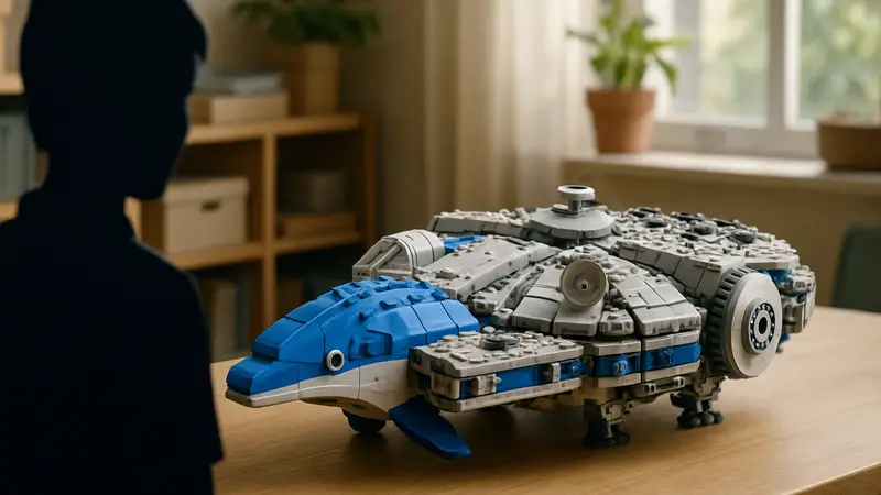 LEGO модель Сокола Тысячелетия, построенная из деталей набора с дельфином.
