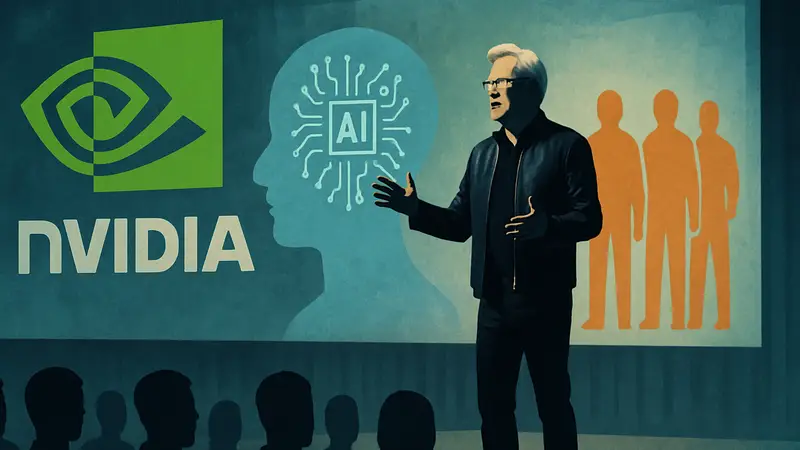 Глава Nvidia Дженсен Хуанг на сцене GTC обсуждает будущее ИИ и рабочих мест.