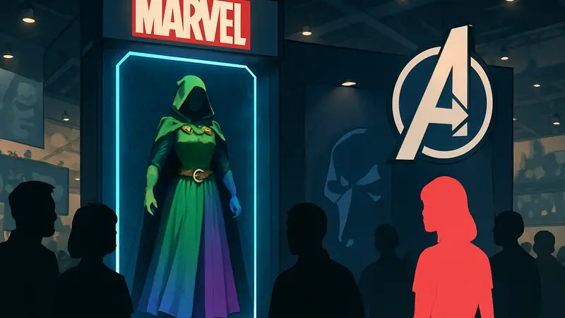 Костюм Латверийской Ведьмы, меняющий цвет, на стенде Marvel на Комик-Коне, намекающий на Доктора Дума.