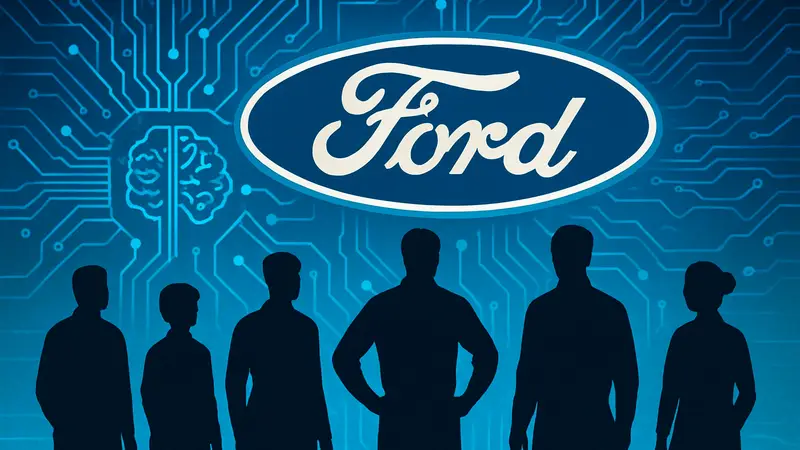Логотип Ford на фоне компьютерных схем, символизирующих ИИ и вернувшихся инженеров