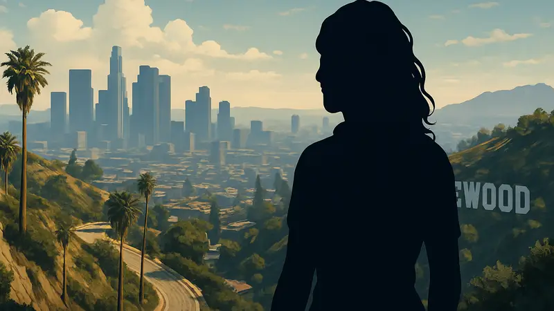 Персонаж Урсула из Grand Theft Auto 5, на фоне Лос-Сантоса.