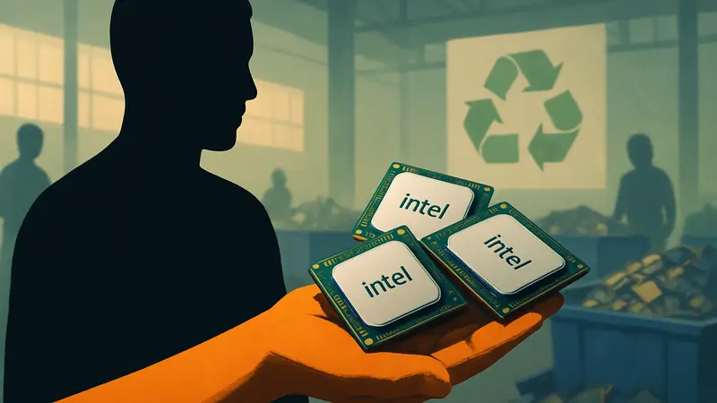 Изображение кристаллов процессоров Intel, лежащих на ладони, символизирующих переработку.