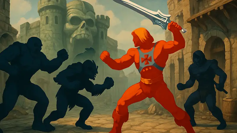 Хи-Мен сражается с врагами в ретро-стиле beat-'em-up игры He-Man and the Masters of the Universe на PS5.