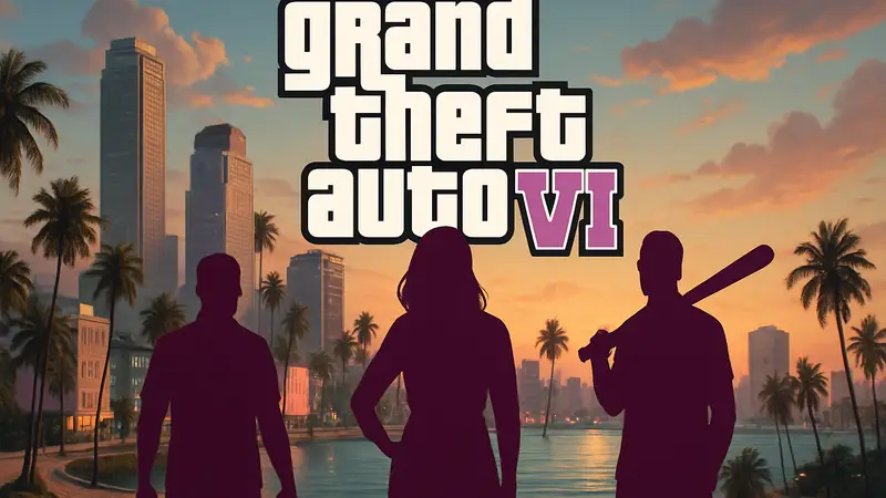 Логотип Grand Theft Auto 6 или концепт-арт с персонажами и видом на Вайс-Сити.