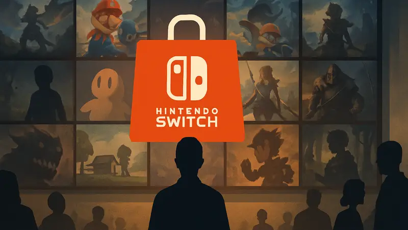 Логотип Nintendo Switch eShop на фоне удалённых игр.