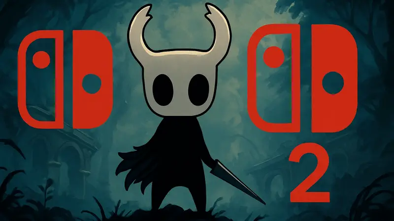 Протагонист Hollow Knight на фоне логотипов Nintendo Switch и Switch 2