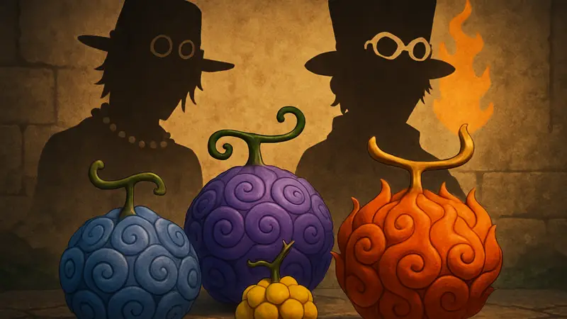Изображение нескольких Дьявольских плодов из аниме One Piece, возможно, с символами Эйса и Сабо на заднем плане.