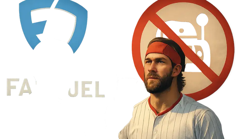 Логотип FanDuel и спортсмен Брайс Харпер на фоне знака, символизирующего игровую зависимость.