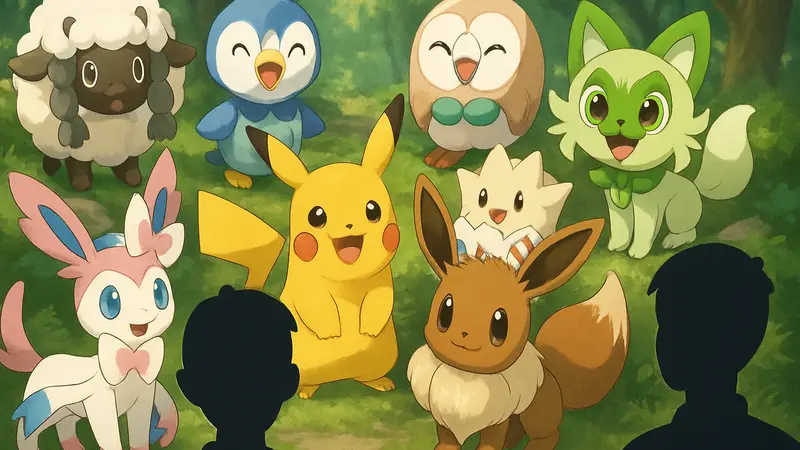 Коллаж из 10 самых милых покемонов из региона Покопия, включая Пикачу и Иви.