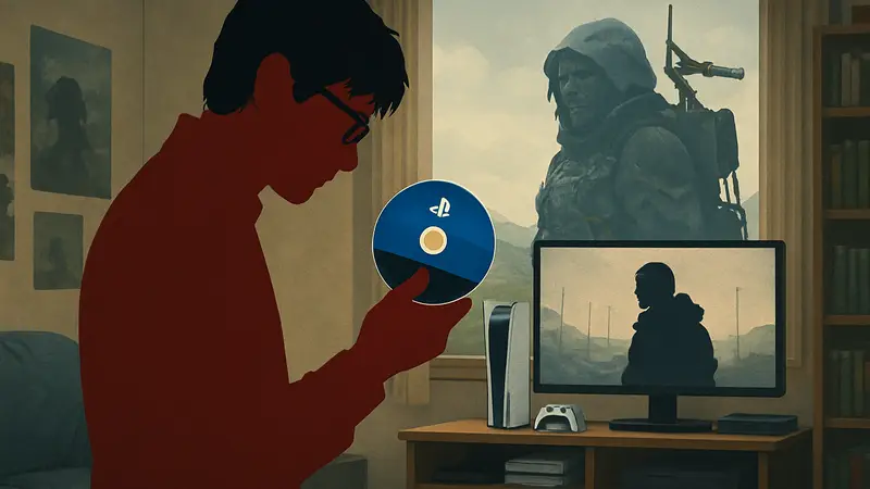 Хидео Кодзима задумчиво смотрит на игровой диск PlayStation, символизируя уход физических носителей