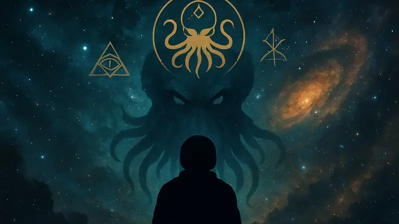 Логотип Cthulhu: The Cosmic Abyss на фоне космического пространства с туманностью и символами Ктулху.