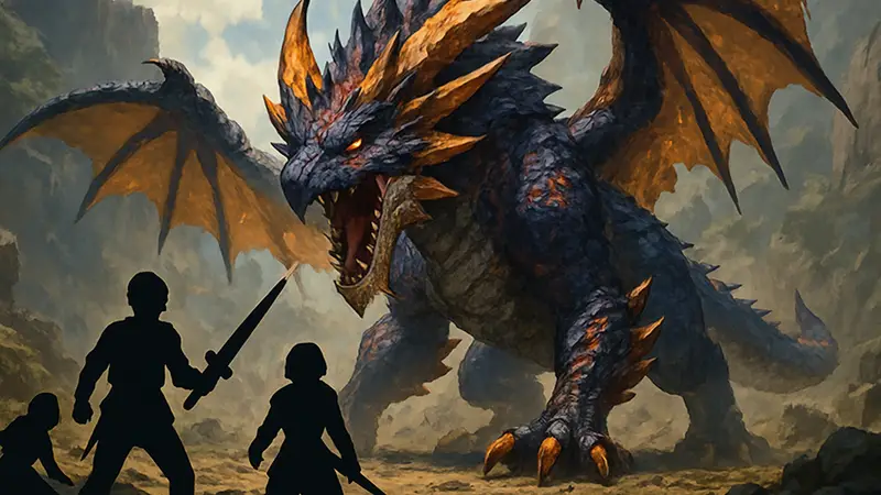 Изображение Королевского монстра из Monster Hunter Stories 3 на фоне боевой сцены.