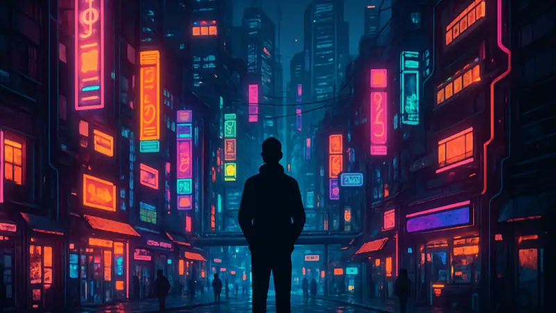 Скриншот из игры Nivalis: City of Neon с изображением киберпанк-города ночью, неоновые вывески и футуристическая архитектура.