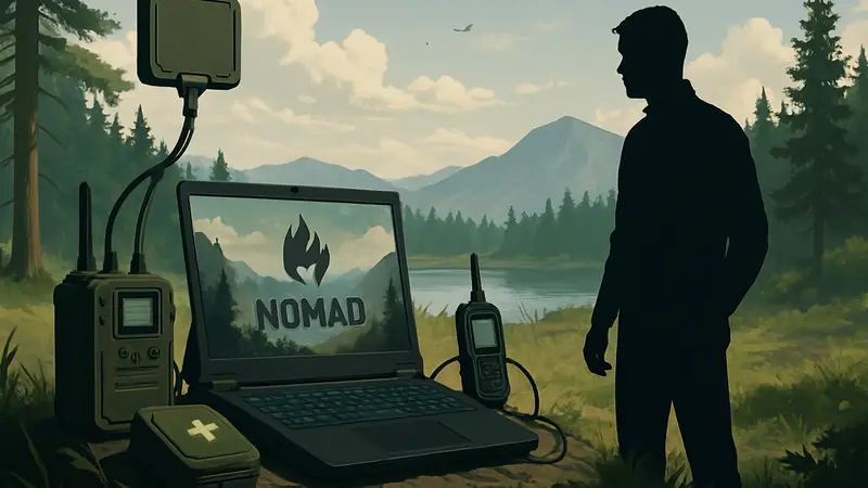 Игровой ноутбук с подключенными гаджетами для выживания на фоне дикой природы, Project NOMAD