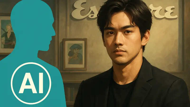 Портрет актера Макэню и логотип AI, символизирующие сгенерированное интервью Esquire.