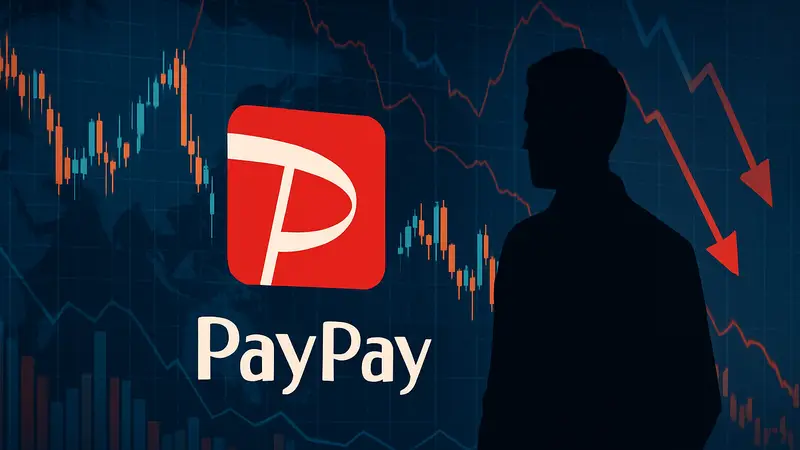 Логотип PayPay на фоне финансовых графиков, символизирующий отложенное IPO компании SoftBank.